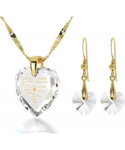 Romantic Heart Jewelry Set for Women I Love You Necklace in 12 Languages Pure Gold Inscribed on Heart-Shaped Pendant Cubic Zi...