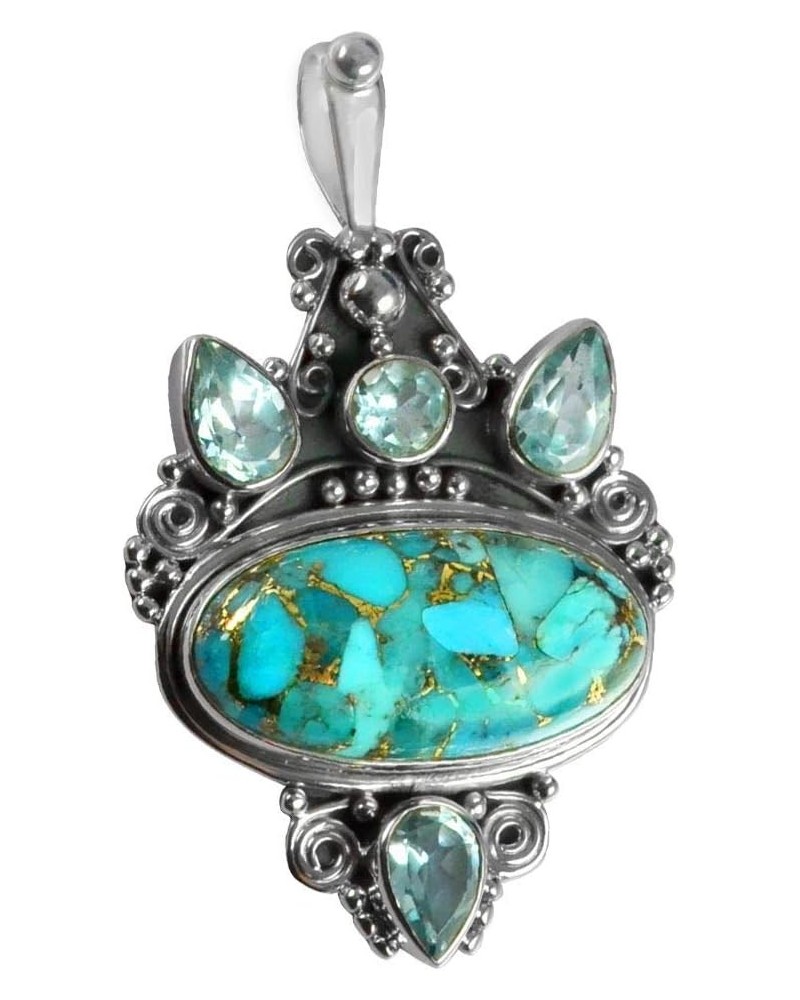 Oxidized Finish 925 Sterling Silver Natural Gemstone Handmade Pendant For Women & Girls blue copper-turquoise & blue topaz $2...