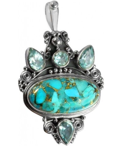 Oxidized Finish 925 Sterling Silver Natural Gemstone Handmade Pendant For Women & Girls blue copper-turquoise & blue topaz $2...