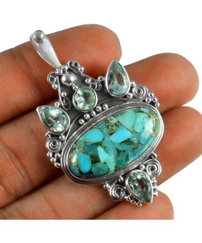 Oxidized Finish 925 Sterling Silver Natural Gemstone Handmade Pendant For Women & Girls blue copper-turquoise & blue topaz $2...