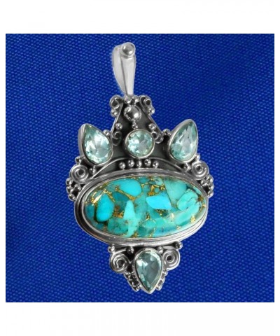 Oxidized Finish 925 Sterling Silver Natural Gemstone Handmade Pendant For Women & Girls blue copper-turquoise & blue topaz $2...