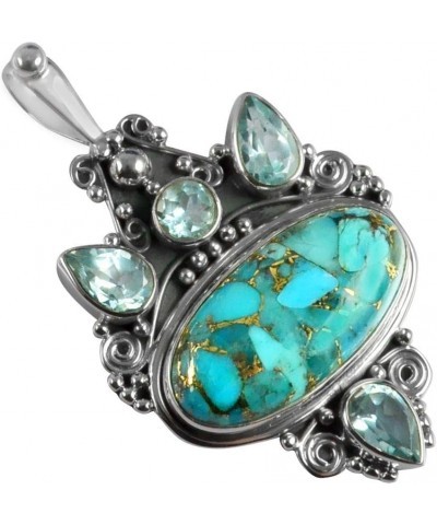 Oxidized Finish 925 Sterling Silver Natural Gemstone Handmade Pendant For Women & Girls blue copper-turquoise & blue topaz $2...