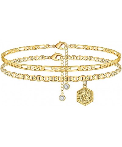 Initial Ankle Bracelets for Women, 14K Gold Plated Double Layered Initial Anklets Jewelry for Women Teen V-Gold $10.44 Anklets