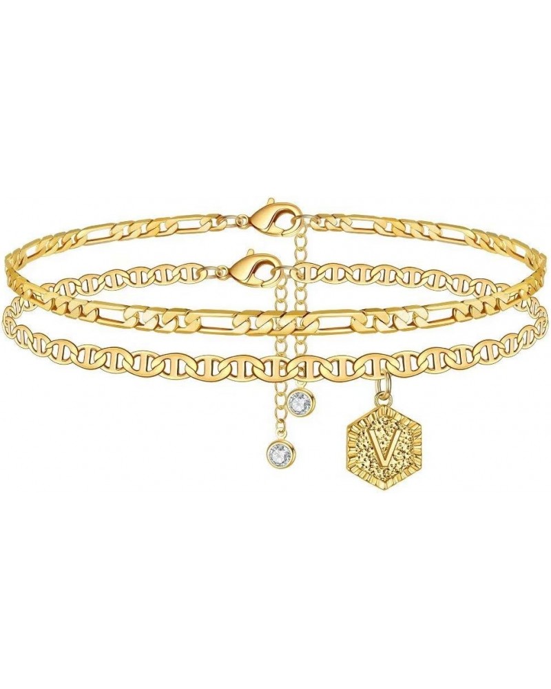 Initial Ankle Bracelets for Women, 14K Gold Plated Double Layered Initial Anklets Jewelry for Women Teen V-Gold $10.44 Anklets