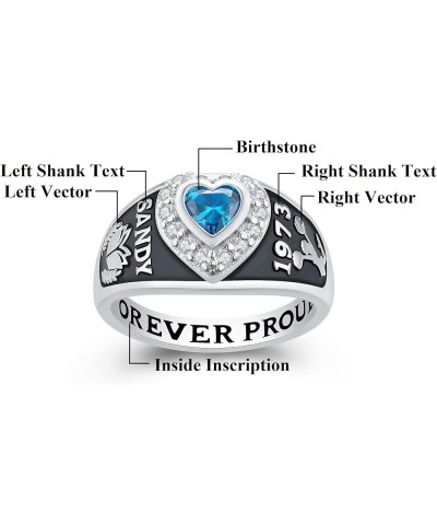 Women's Class Ring, personalized for high school and college graduates, Sterling Silver, Heart birthstone with 2 customized v...