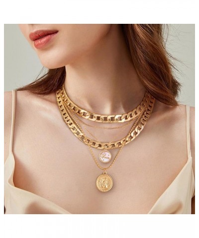 Gold Layered Necklaces for Women Chunky Gold Necklace Link Chain Choker Necklaces for Girls Trendy Retro Coin Pendant Gold Ne...