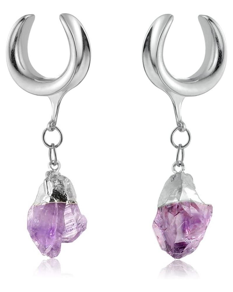 2 PCS Hypoallergenic 316 Stainless Steel Saddle Tunnels Hangers Amethyst Stone Dangle Ear Gauges Plugs Stretcher Earring Body...