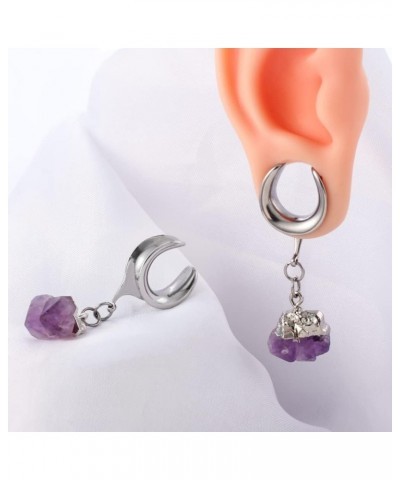 2 PCS Hypoallergenic 316 Stainless Steel Saddle Tunnels Hangers Amethyst Stone Dangle Ear Gauges Plugs Stretcher Earring Body...