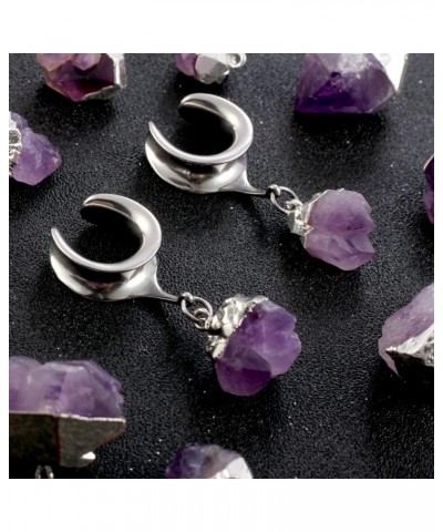 2 PCS Hypoallergenic 316 Stainless Steel Saddle Tunnels Hangers Amethyst Stone Dangle Ear Gauges Plugs Stretcher Earring Body...