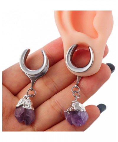 2 PCS Hypoallergenic 316 Stainless Steel Saddle Tunnels Hangers Amethyst Stone Dangle Ear Gauges Plugs Stretcher Earring Body...