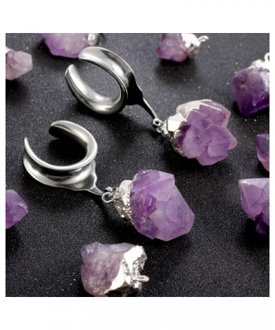 2 PCS Hypoallergenic 316 Stainless Steel Saddle Tunnels Hangers Amethyst Stone Dangle Ear Gauges Plugs Stretcher Earring Body...