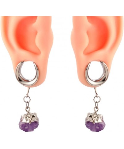 2 PCS Hypoallergenic 316 Stainless Steel Saddle Tunnels Hangers Amethyst Stone Dangle Ear Gauges Plugs Stretcher Earring Body...