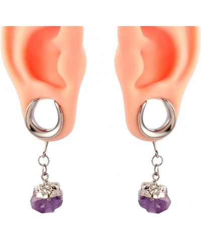 2 PCS Hypoallergenic 316 Stainless Steel Saddle Tunnels Hangers Amethyst Stone Dangle Ear Gauges Plugs Stretcher Earring Body...