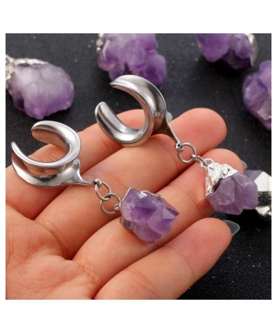 2 PCS Hypoallergenic 316 Stainless Steel Saddle Tunnels Hangers Amethyst Stone Dangle Ear Gauges Plugs Stretcher Earring Body...