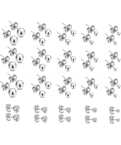 15-30 Pairs Stainless Steel Stud Earrings Set, Hypoallergenic Cartilage Stud Earrings for Women, Bulk Surgical Steel Ball CZ ...