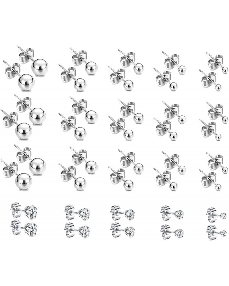 15-30 Pairs Stainless Steel Stud Earrings Set, Hypoallergenic Cartilage Stud Earrings for Women, Bulk Surgical Steel Ball CZ ...