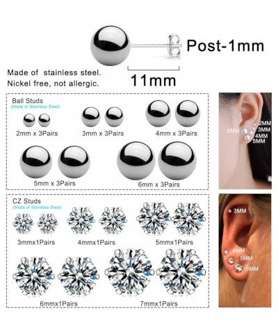 15-30 Pairs Stainless Steel Stud Earrings Set, Hypoallergenic Cartilage Stud Earrings for Women, Bulk Surgical Steel Ball CZ ...