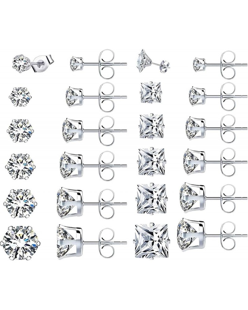 6 Pairs Diamond Stud Earrings for Women, Round Cubic Zirconia Earring Studs Silver Gold Hypoallergenic Stud Earrings Set 3-8m...