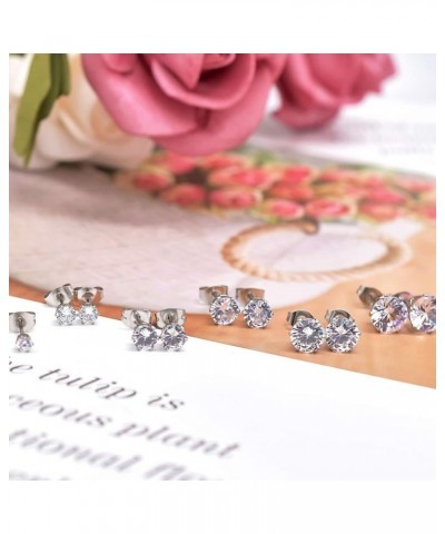 6 Pairs Diamond Stud Earrings for Women, Round Cubic Zirconia Earring Studs Silver Gold Hypoallergenic Stud Earrings Set 3-8m...