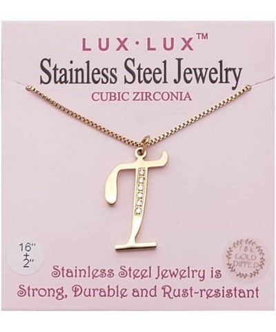 Stainless Steel Waterproof Cubic Zircon Accent Initial A-Z Letter Name Pendant Necklace for Women, Girls T Gold $9.89 Necklaces