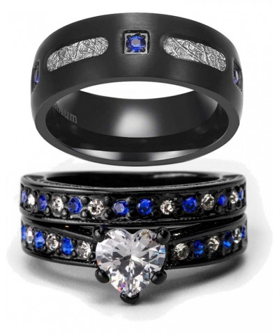 Couple Rings Matching Ring Heart AAA CZ Black Ring for Women Wedding Ring Sets for Him and Her Rings Blue women size8 & men s...