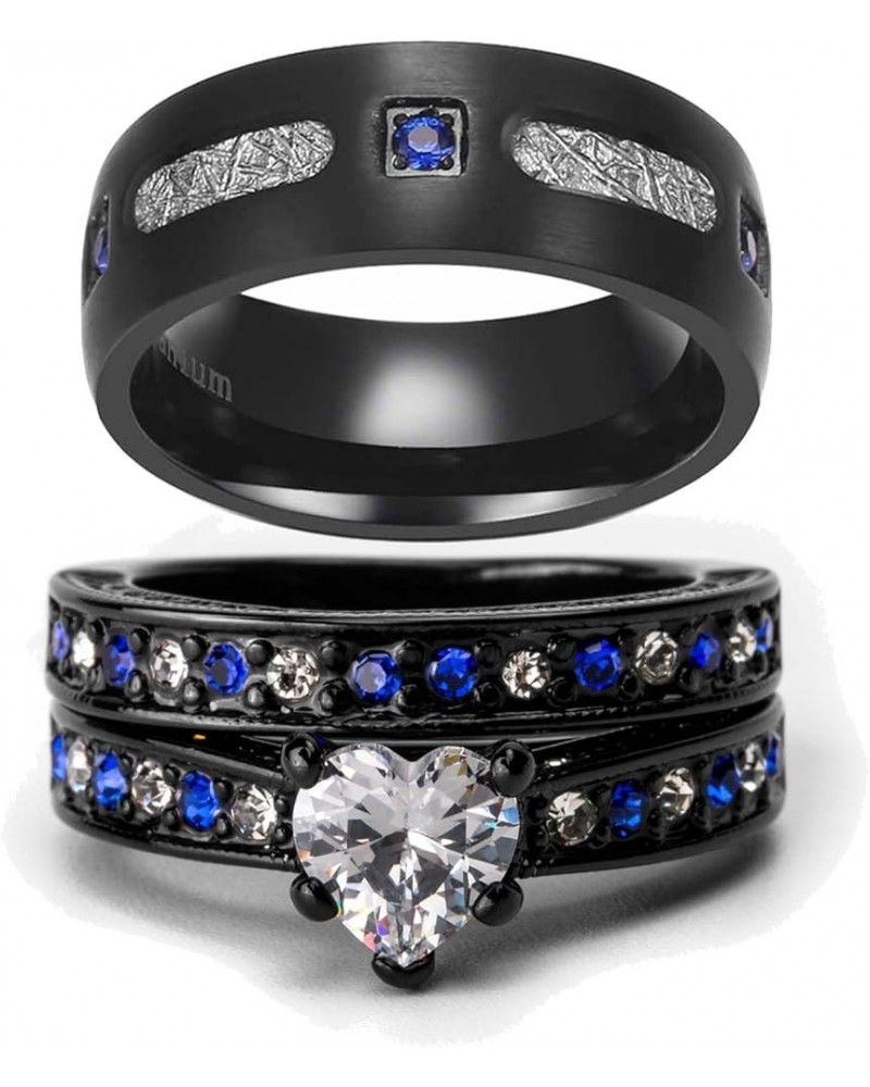 Couple Rings Matching Ring Heart AAA CZ Black Ring for Women Wedding Ring Sets for Him and Her Rings Blue women size8 & men s...