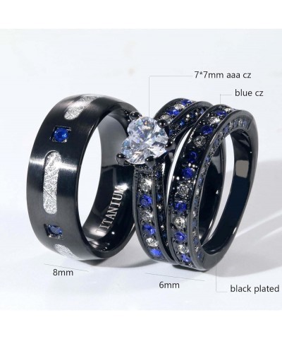 Couple Rings Matching Ring Heart AAA CZ Black Ring for Women Wedding Ring Sets for Him and Her Rings Blue women size8 & men s...