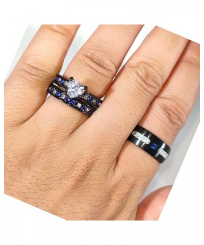 Couple Rings Matching Ring Heart AAA CZ Black Ring for Women Wedding Ring Sets for Him and Her Rings Blue women size8 & men s...