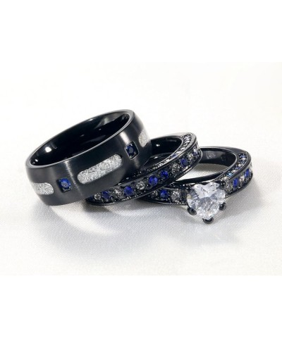 Couple Rings Matching Ring Heart AAA CZ Black Ring for Women Wedding Ring Sets for Him and Her Rings Blue women size8 & men s...