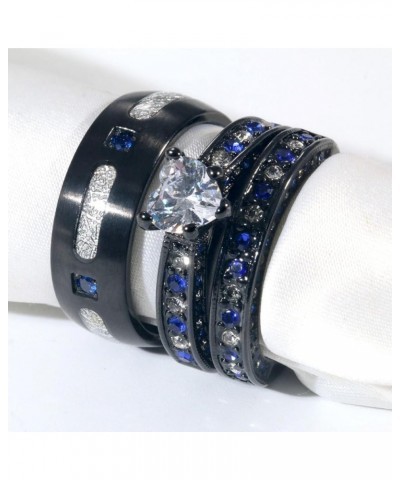 Couple Rings Matching Ring Heart AAA CZ Black Ring for Women Wedding Ring Sets for Him and Her Rings Blue women size8 & men s...