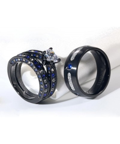 Couple Rings Matching Ring Heart AAA CZ Black Ring for Women Wedding Ring Sets for Him and Her Rings Blue women size8 & men s...