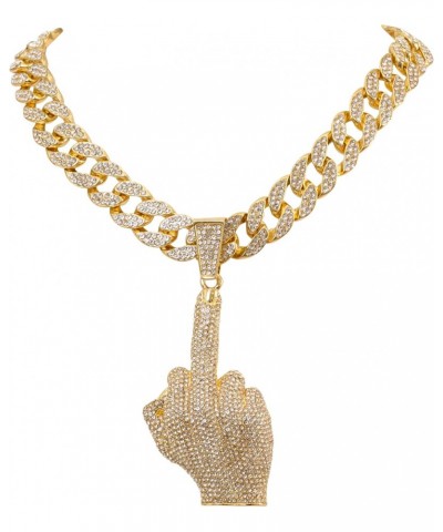 Hip Hop Fully Iced Bling-ed Out Gold Plated Jumbo Middle Finger Charm Pendant with 16" 18" 20" 24" Miami Cuban Link Necklace ...