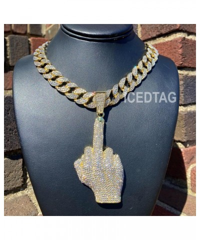 Hip Hop Fully Iced Bling-ed Out Gold Plated Jumbo Middle Finger Charm Pendant with 16" 18" 20" 24" Miami Cuban Link Necklace ...