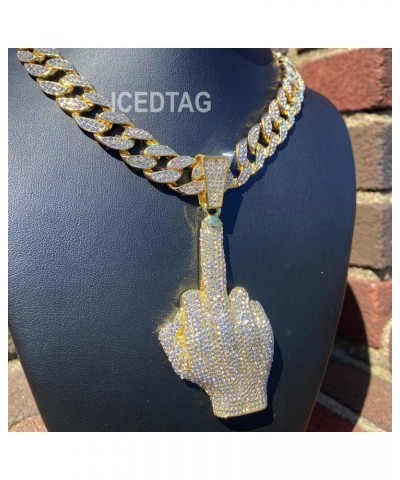 Hip Hop Fully Iced Bling-ed Out Gold Plated Jumbo Middle Finger Charm Pendant with 16" 18" 20" 24" Miami Cuban Link Necklace ...