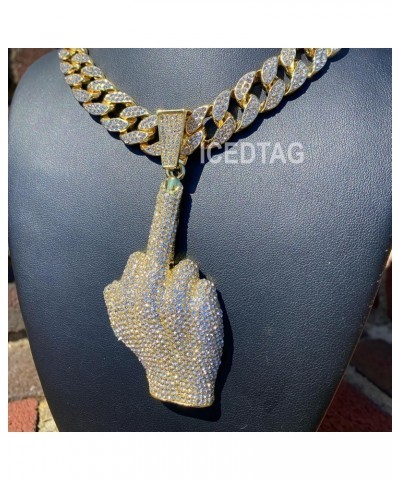 Hip Hop Fully Iced Bling-ed Out Gold Plated Jumbo Middle Finger Charm Pendant with 16" 18" 20" 24" Miami Cuban Link Necklace ...