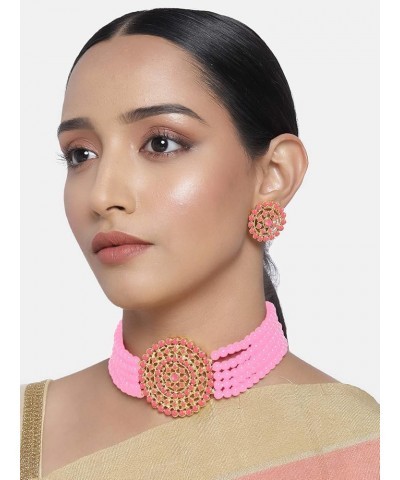 Gold Plated Pearl Diamond Kundan Choker Necklace With Round Earrings Traditional Jewelry Set Pink $12.90 Jewelry Sets