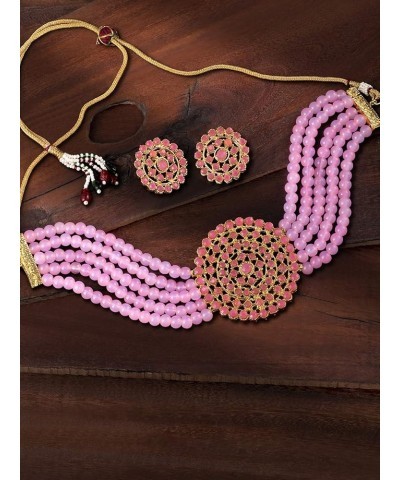 Gold Plated Pearl Diamond Kundan Choker Necklace With Round Earrings Traditional Jewelry Set Pink $12.90 Jewelry Sets