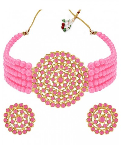 Gold Plated Pearl Diamond Kundan Choker Necklace With Round Earrings Traditional Jewelry Set Pink $12.90 Jewelry Sets