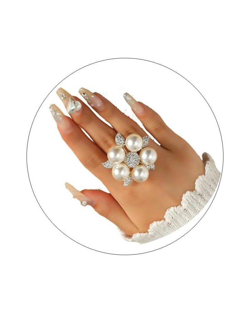 Trendy Pearl Ring Stacking Promise Pearl Rings Adjustable Open Pearl Finger Ring Retro Exaggerated Pearl Cluster Ring Persona...