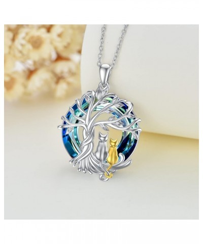 Cat Gifts for Cat Lovers Sterling Silver Cute Cat Tree of Life Pendant Necklace with Blue Circle Crystal Birthday Christmas J...