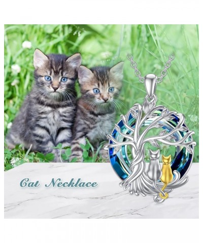 Cat Gifts for Cat Lovers Sterling Silver Cute Cat Tree of Life Pendant Necklace with Blue Circle Crystal Birthday Christmas J...