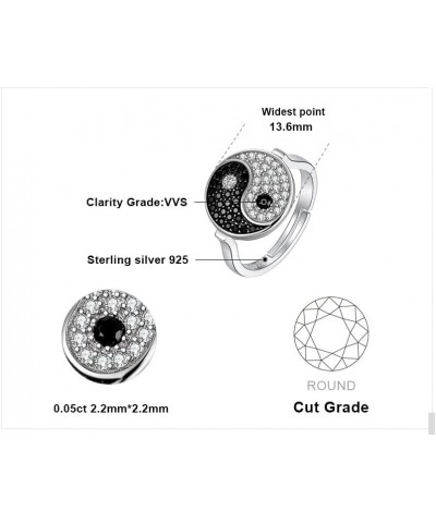 Ying Yang Taichi Round Cut Genuine Black Spinel Cubic Zirconia Open Adjustable Rings for Women, 14K White Gold Plated 925 Ste...