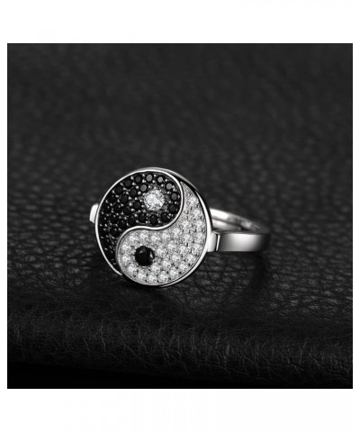 Ying Yang Taichi Round Cut Genuine Black Spinel Cubic Zirconia Open Adjustable Rings for Women, 14K White Gold Plated 925 Ste...