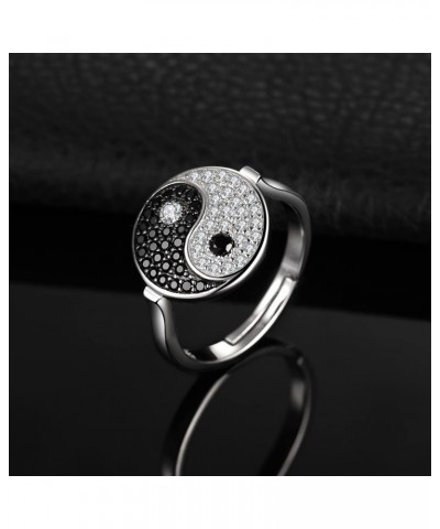 Ying Yang Taichi Round Cut Genuine Black Spinel Cubic Zirconia Open Adjustable Rings for Women, 14K White Gold Plated 925 Ste...