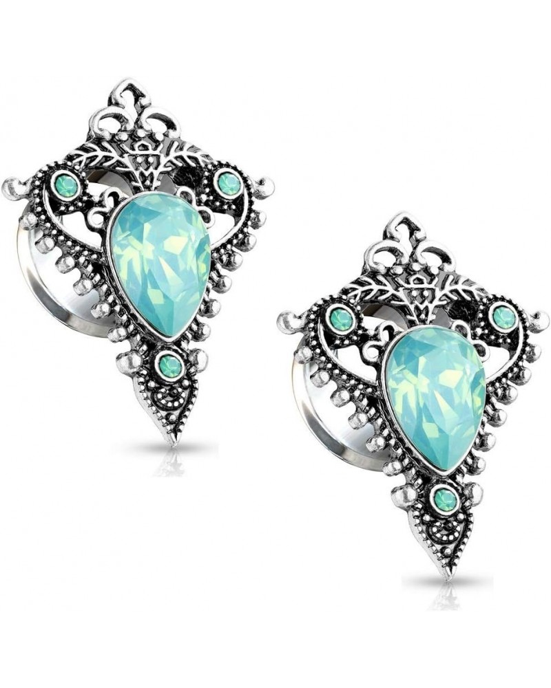 Stainless Steel Jade Green Opalite Tear Drop Ornate Tribal Shield Double Flared Plug Gauges, Sold As Pair 6mm (2GA) $9.21 Bod...