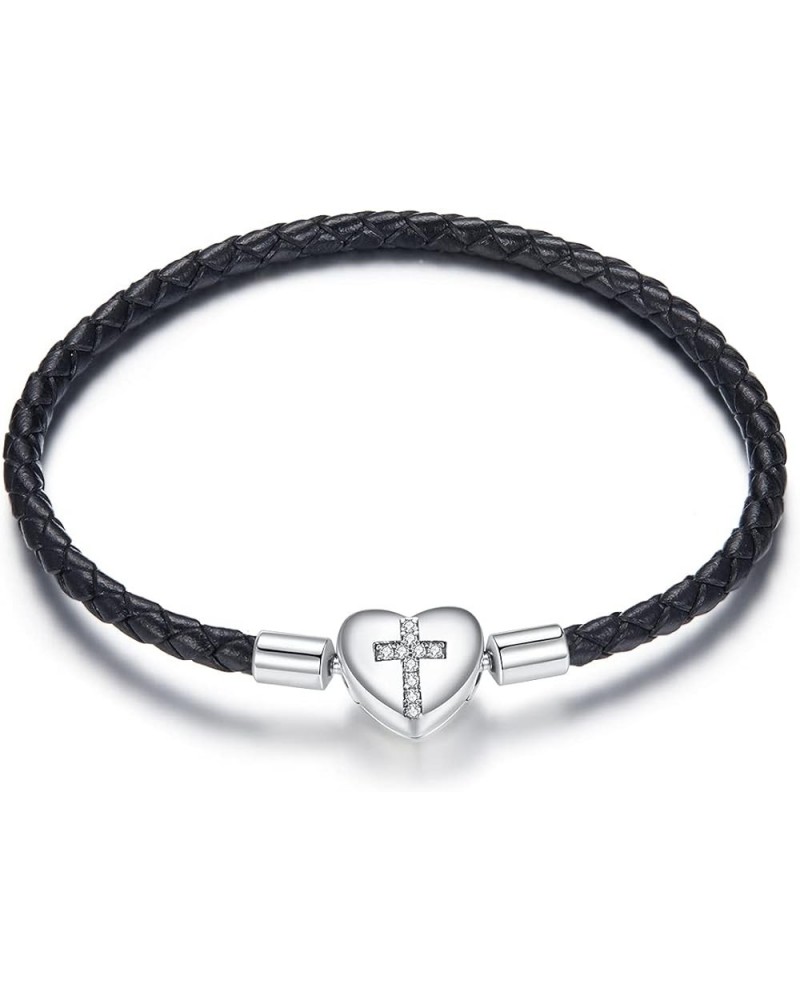 Genuine Black Leather Woven Bracelet with 925 Sterling Silver Heart Cross Clasp Bead Bracelet for Pandora Charms Beads 14.96I...