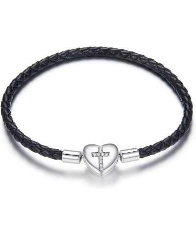 Genuine Black Leather Woven Bracelet with 925 Sterling Silver Heart Cross Clasp Bead Bracelet for Pandora Charms Beads 14.96I...