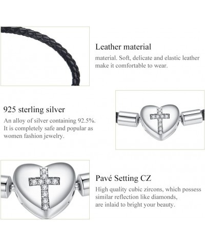 Genuine Black Leather Woven Bracelet with 925 Sterling Silver Heart Cross Clasp Bead Bracelet for Pandora Charms Beads 14.96I...