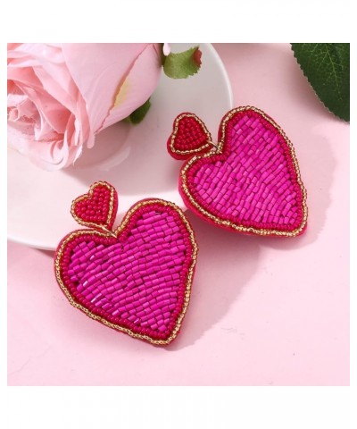 Valentine's Beaded Heart Earrings for Women Girls Rhinestone Love Heart Drop Dangle Earrings Statement Red Bead Earring Valen...