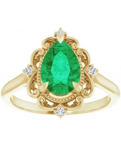 2.5 CT Victorian Pear Shape Emerald Ring 14k Yellow Gold, Vintage Green Emerald Ring, Antique Tear Drop Emerald Engagement Ri...